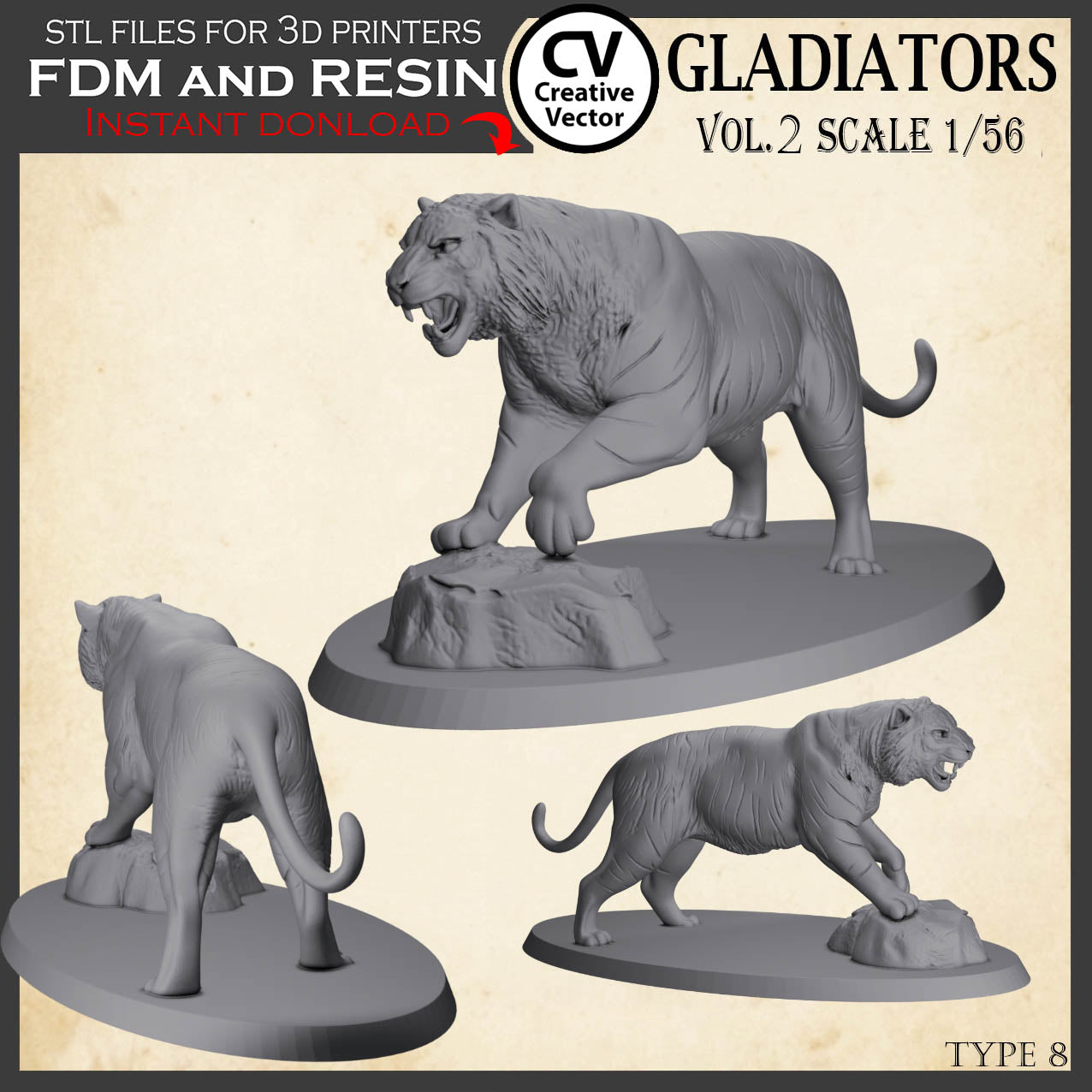 9 GLADIATORS STL Set Vol. 2 - 3D Print Files STL files in scale 28mm 1/56 on Bases