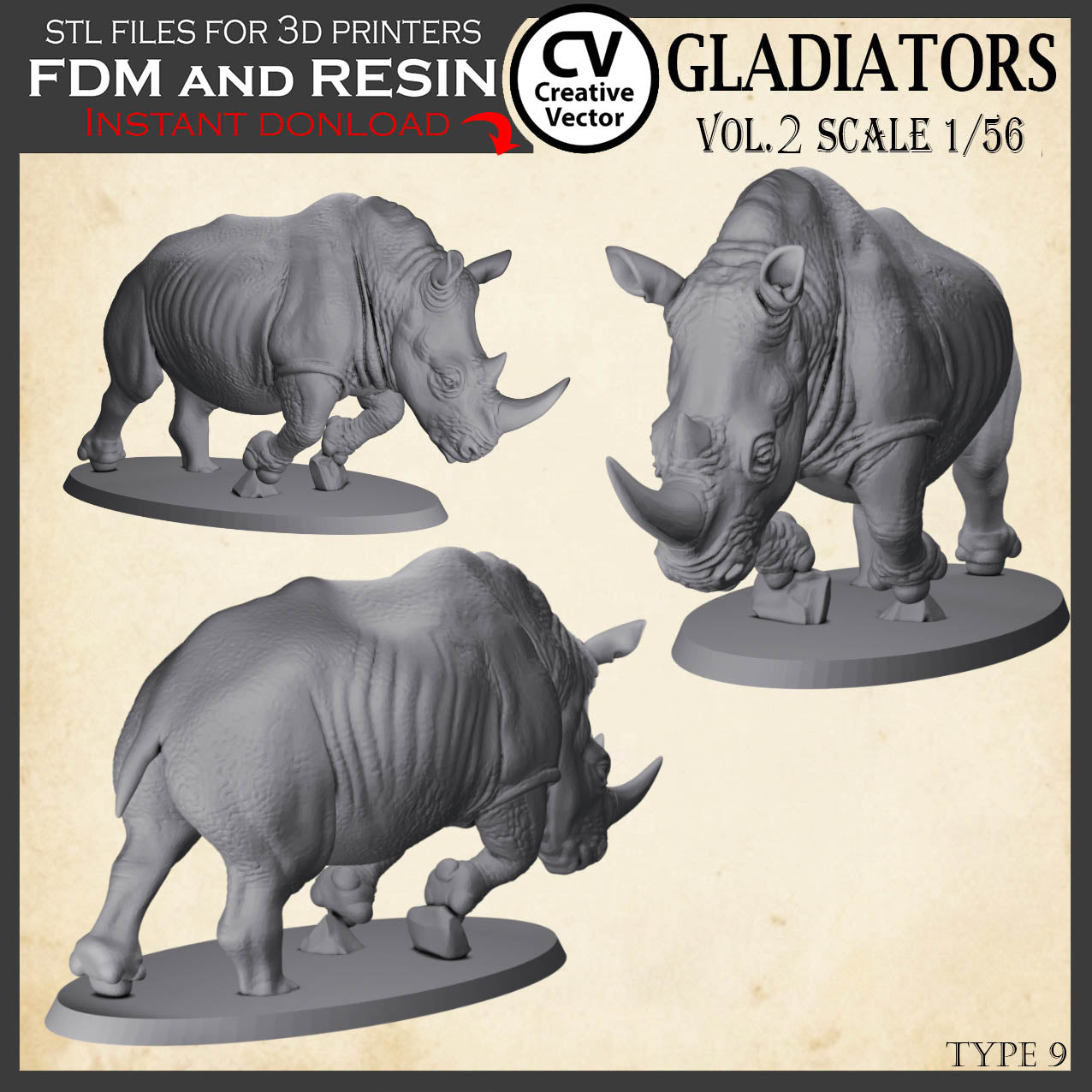 9 GLADIATORS STL Set Vol. 2 - 3D Print Files STL files in scale 28mm 1/56 on Bases