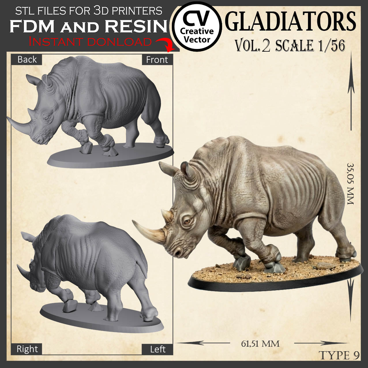 9 GLADIATORS STL Set Vol. 2 - 3D Print Files STL files in scale 28mm 1/56 on Bases