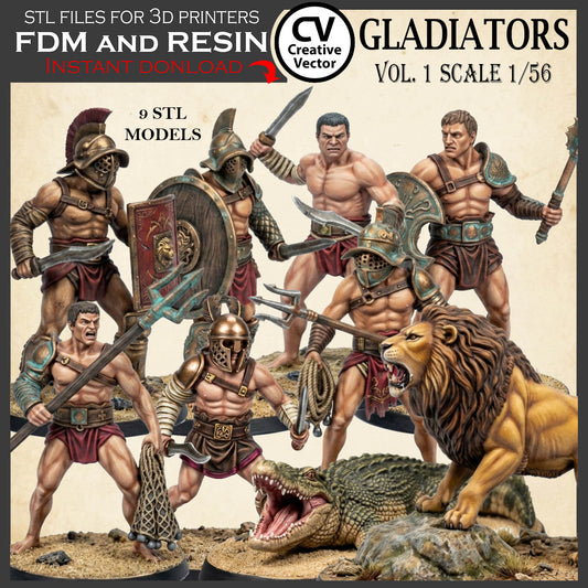 9 GLADIATORS STL Set Vol. 1 - 3D Print Files STL files in scale 28mm 1/56 on Bases