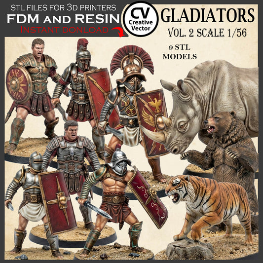 9 GLADIATORS STL Set Vol. 2 - 3D Print Files STL files in scale 28mm 1/56 on Bases