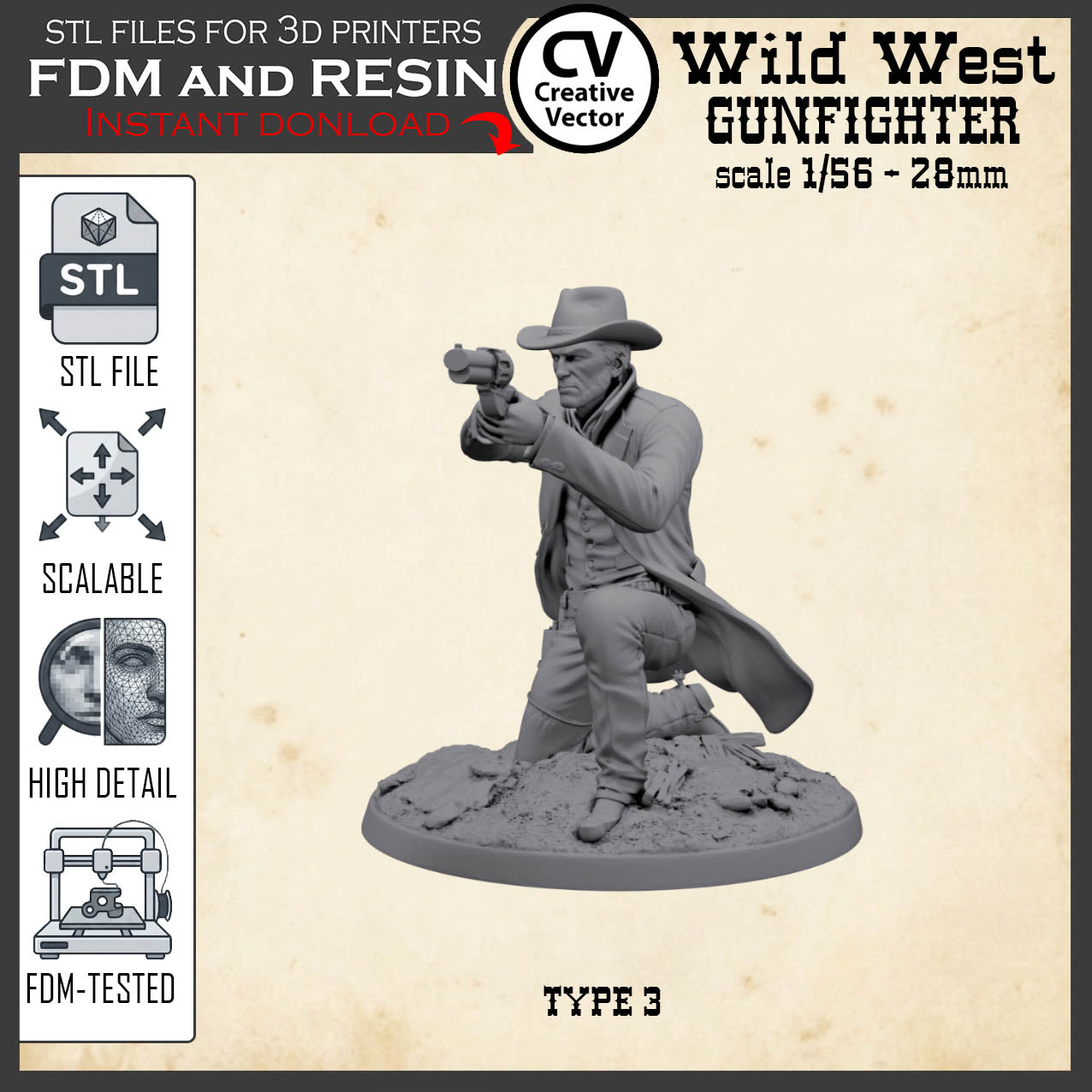 Wild West GUNFIGHTER Type 3 for 3D Print STL file Miniature