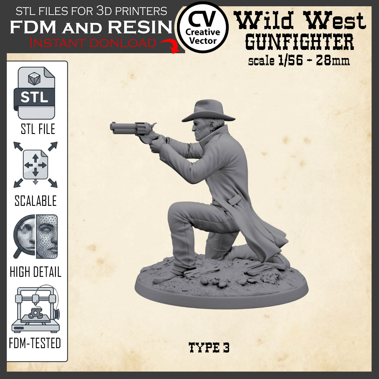 Wild West GUNFIGHTER Type 3 for 3D Print STL file Miniature