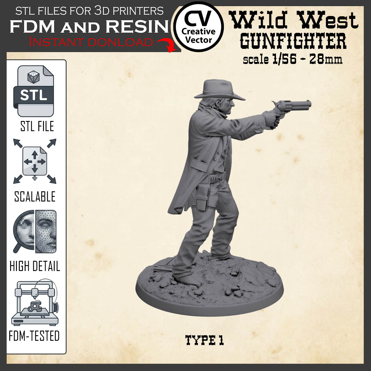Wild West GUNFIGHTER Type 1 for 3D Print STL file Miniature