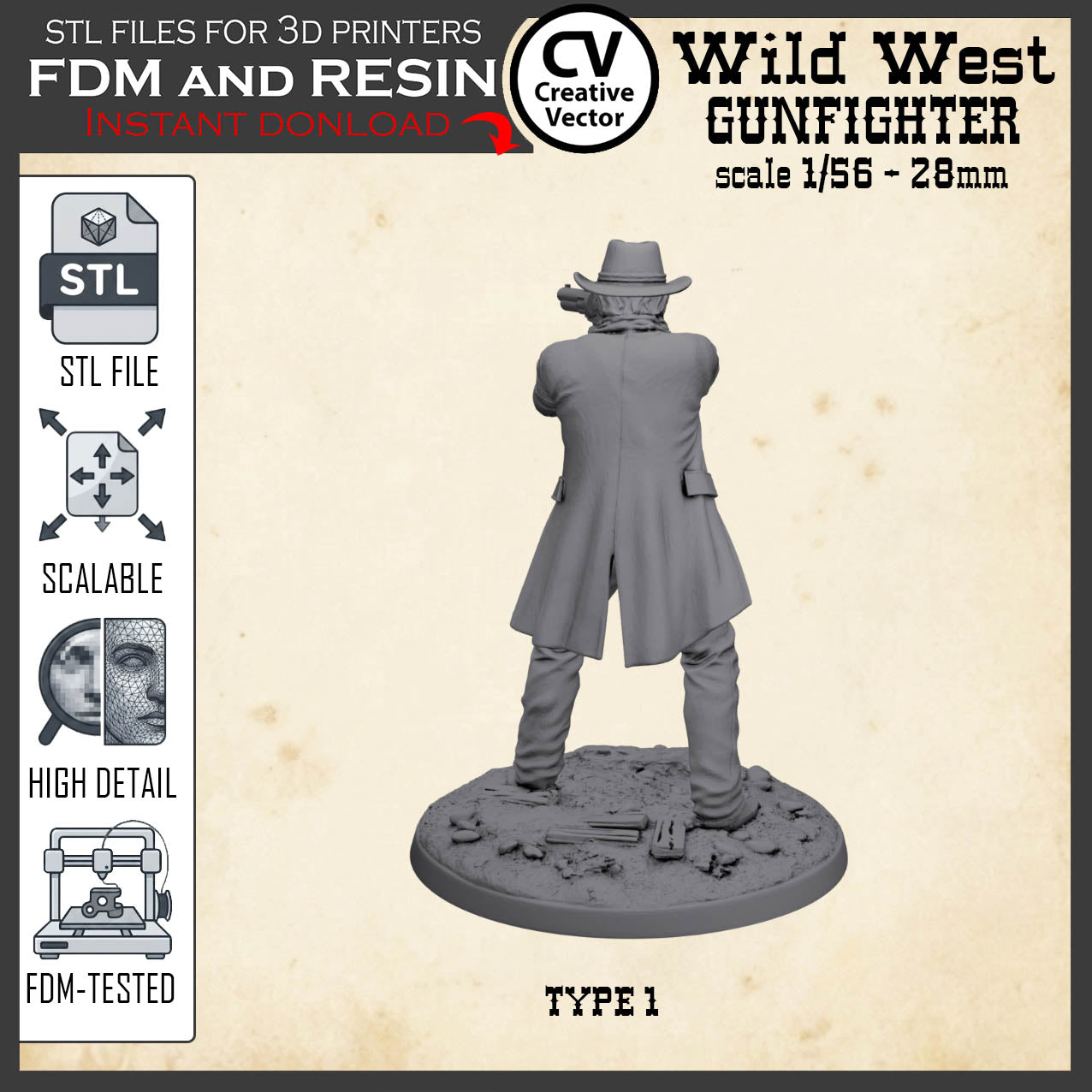 Wild West GUNFIGHTER Type 1 for 3D Print STL file Miniature