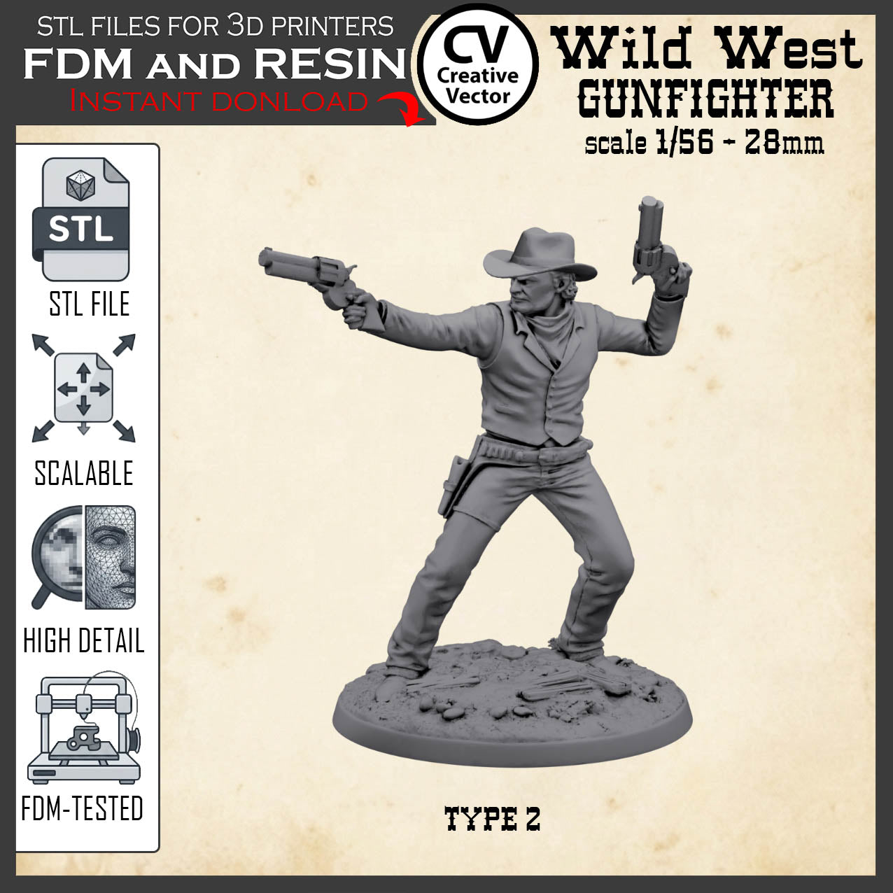 Wild West GUNFIGHTER Type 2 for 3D Print STL file Miniature