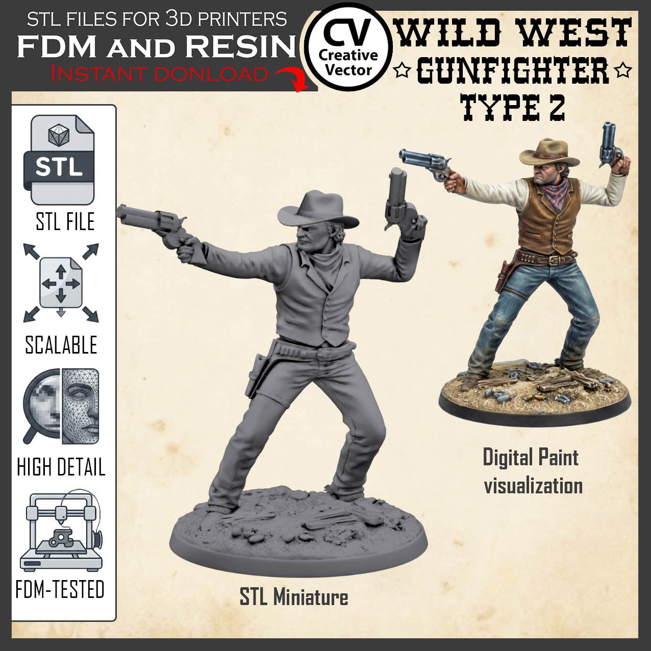 Wild West GUNFIGHTER Type 2 for 3D Print STL file Miniature
