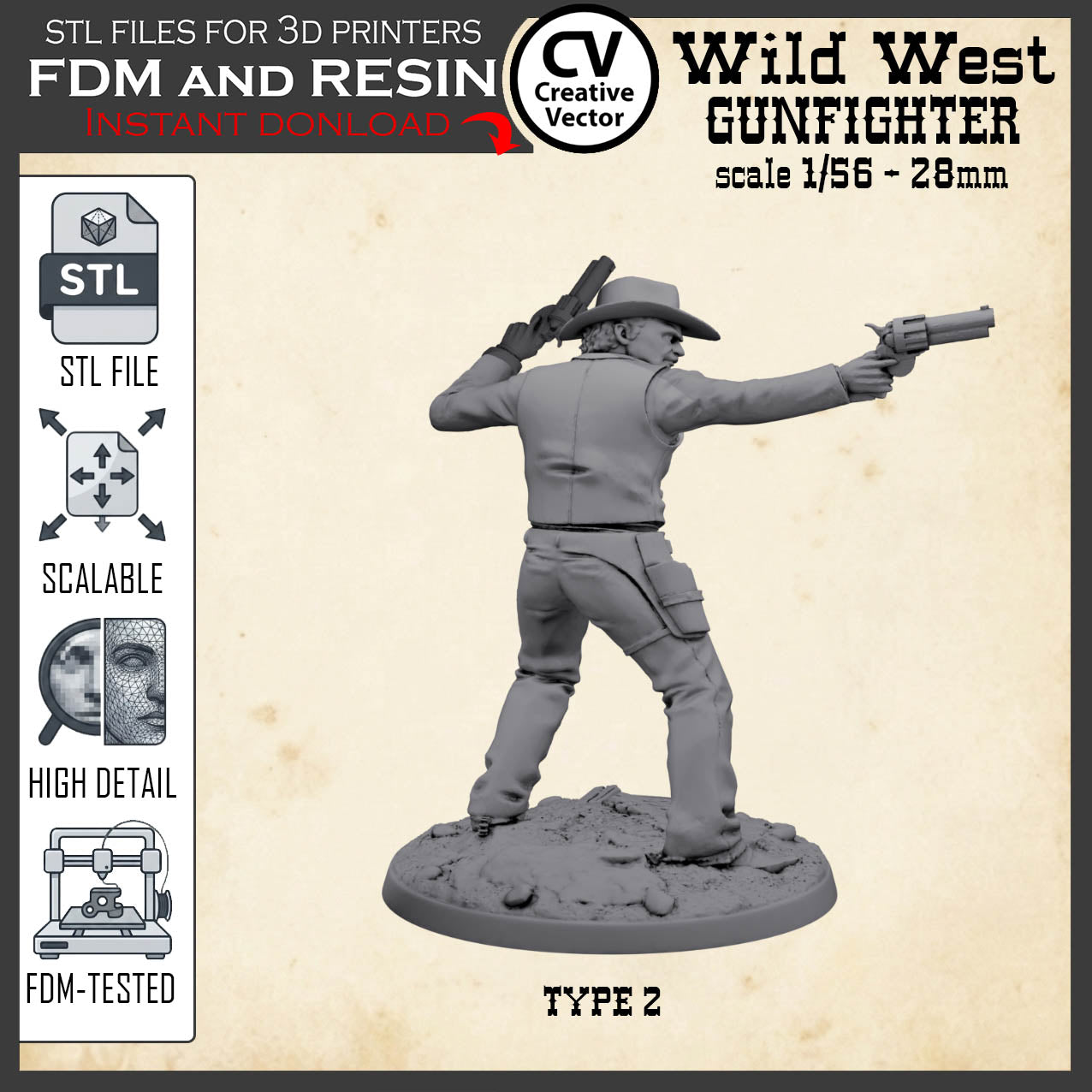 Wild West GUNFIGHTER Type 2 for 3D Print STL file Miniature