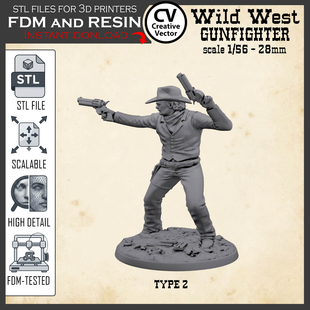 Wild West GUNFIGHTER Type 2 for 3D Print STL file Miniature