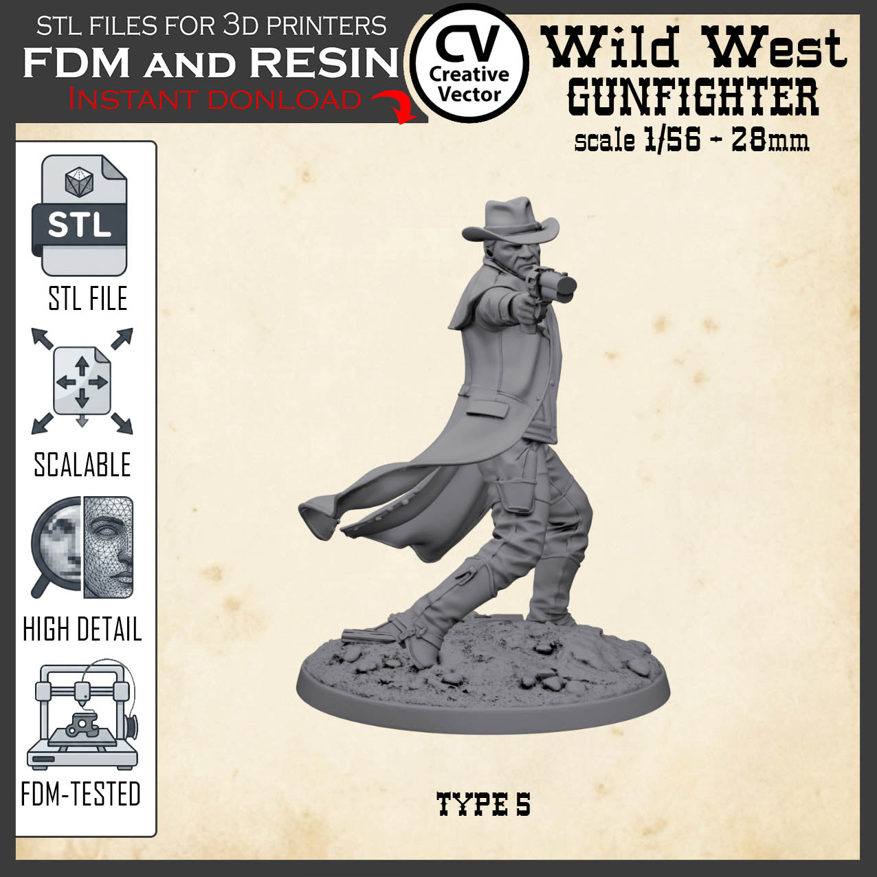 Wild West GUNFIGHTER Type 5 for 3D Print STL file Miniature