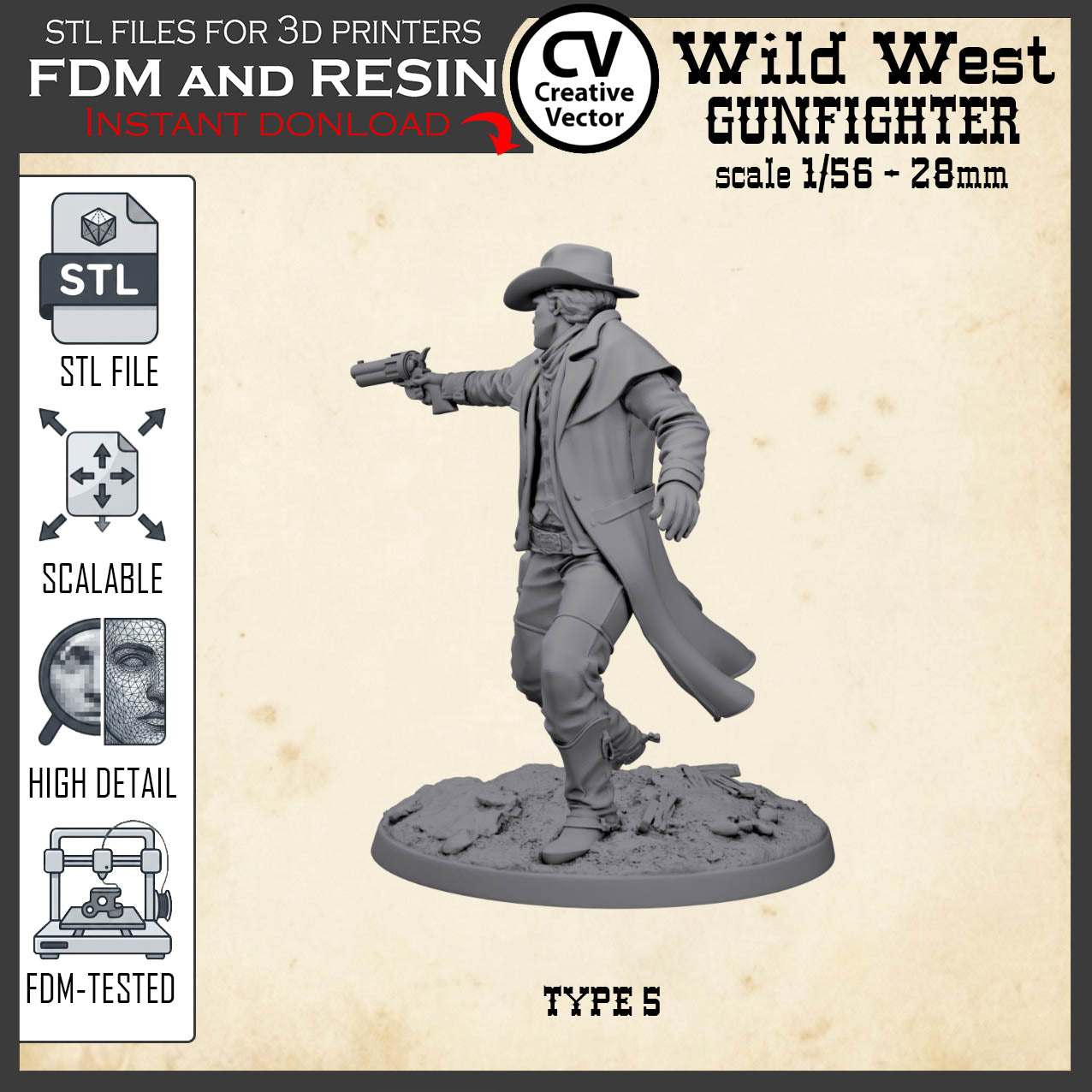 Wild West GUNFIGHTER Type 5 for 3D Print STL file Miniature