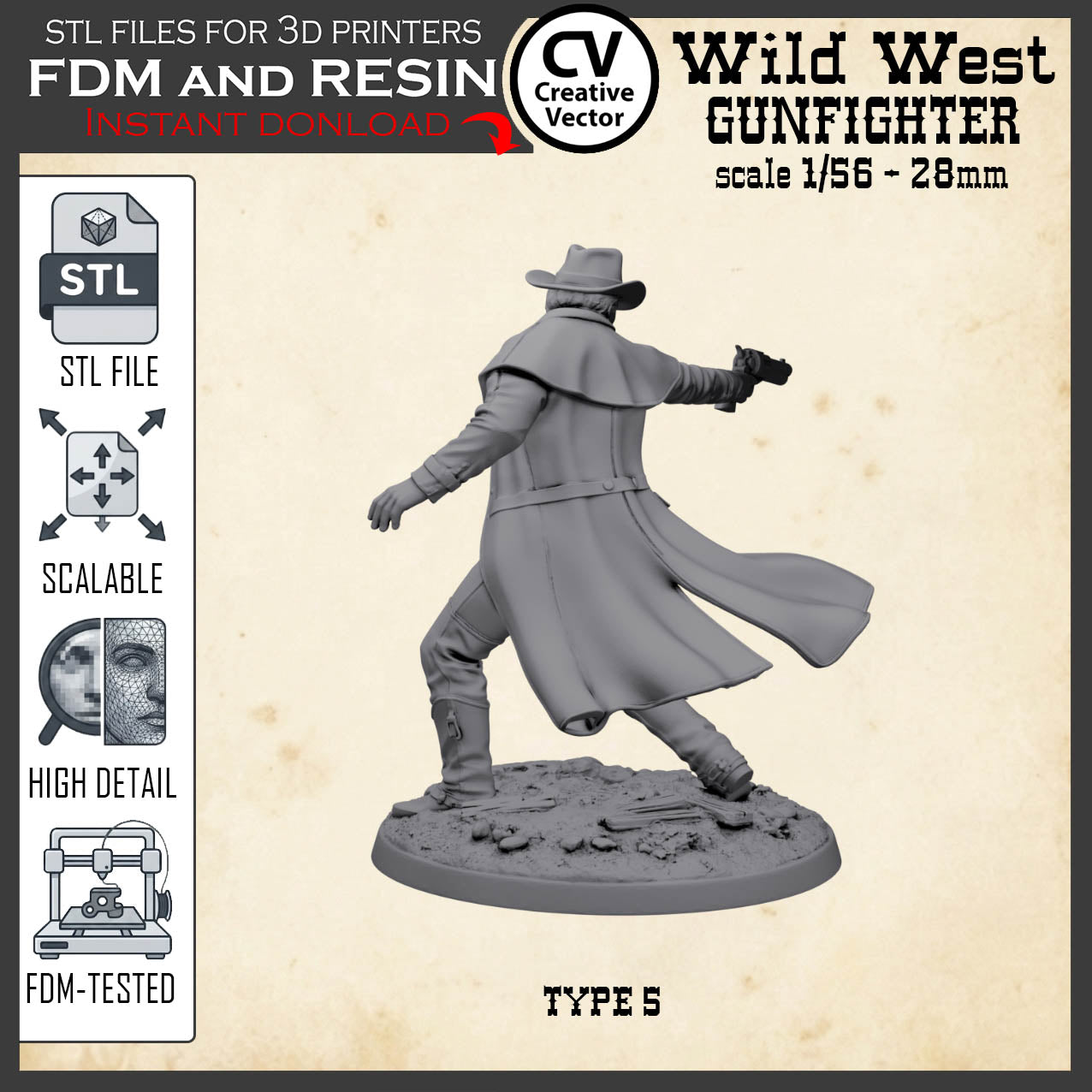 Wild West GUNFIGHTER Type 5 for 3D Print STL file Miniature