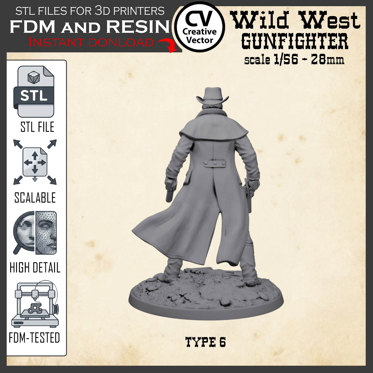 Wild West GUNFIGHTER Type 6 for 3D Print STL file Miniature