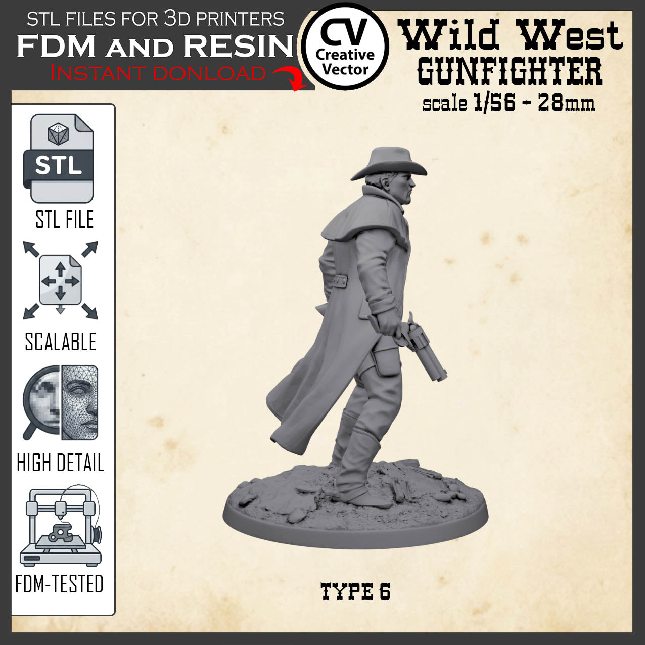 Wild West GUNFIGHTER Type 6 for 3D Print STL file Miniature