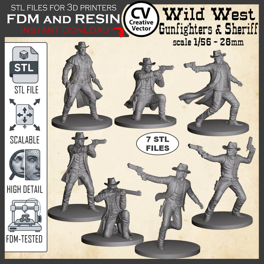 7 STL files Bundle GUNFIGHTERS Wild West for 3D Print Miniatures