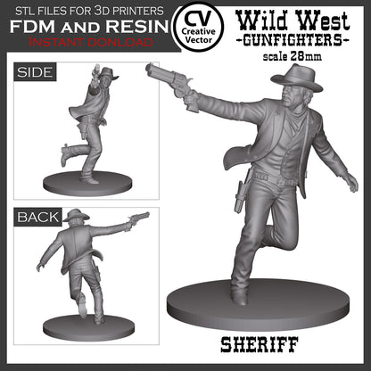 7 STL Files for 3D Printer Wild West GUNFIGHTERS and Sheriff in 28mm