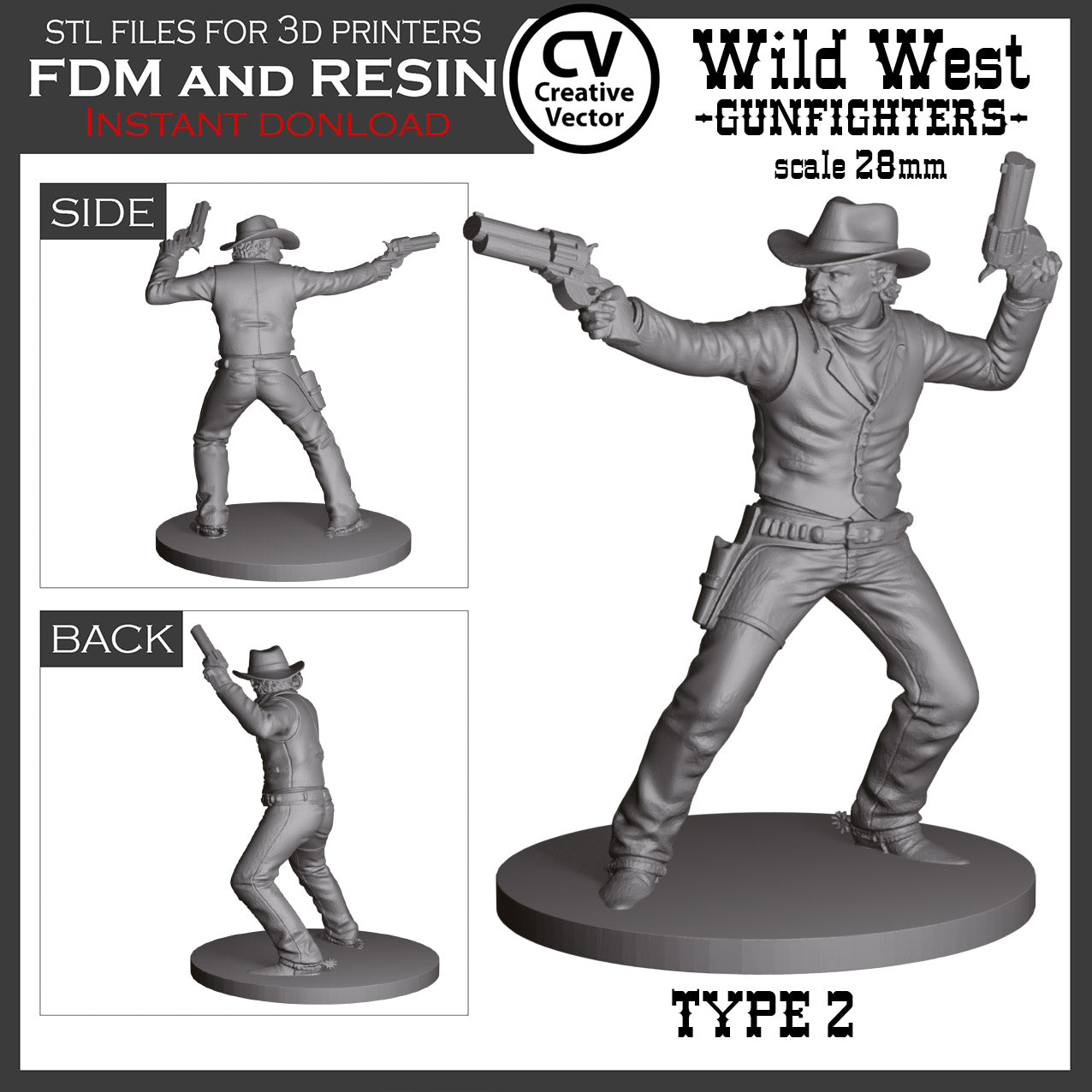 7 STL Files for 3D Printer Wild West GUNFIGHTERS and Sheriff in 28mm
