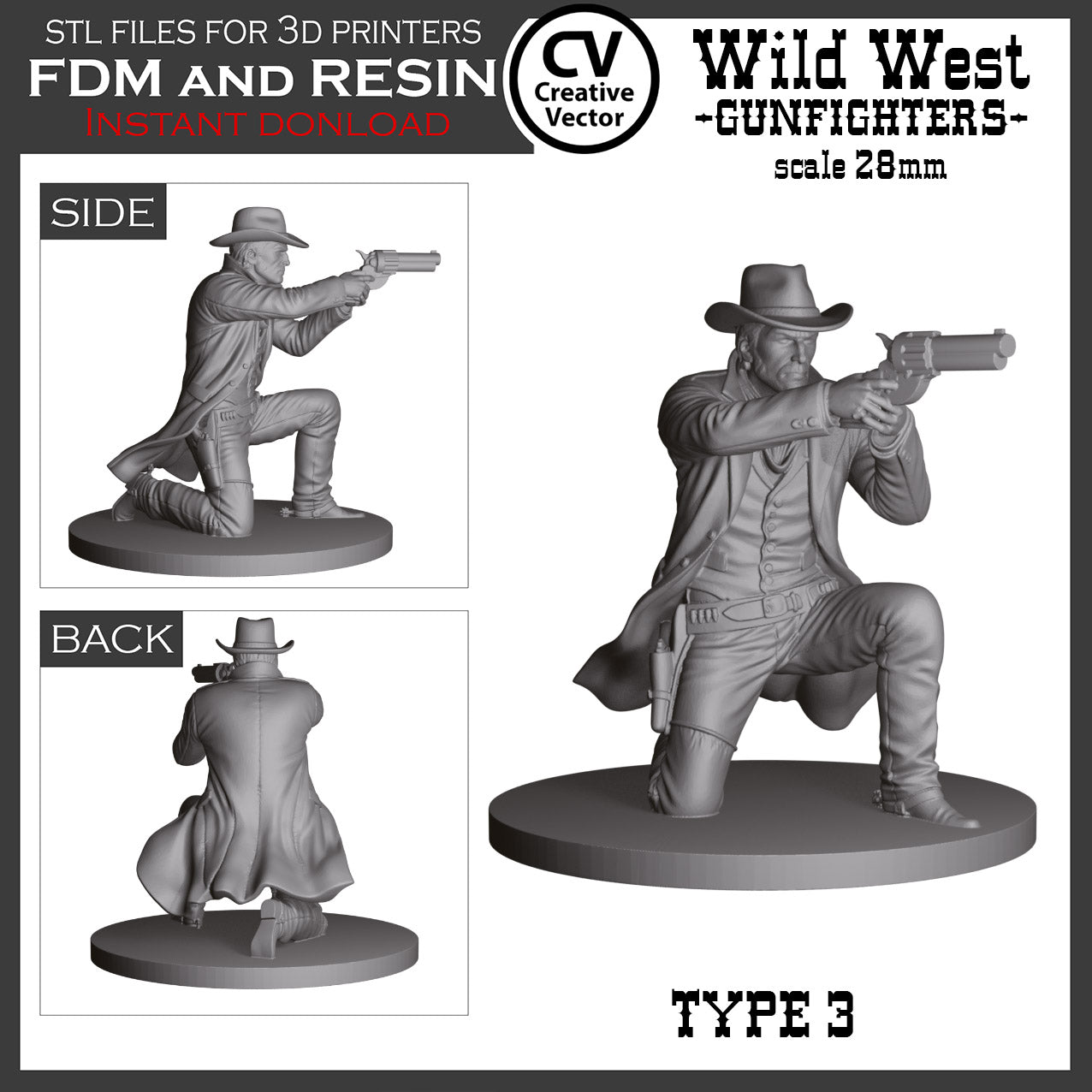 7 STL Files for 3D Printer Wild West GUNFIGHTERS and Sheriff in 28mm