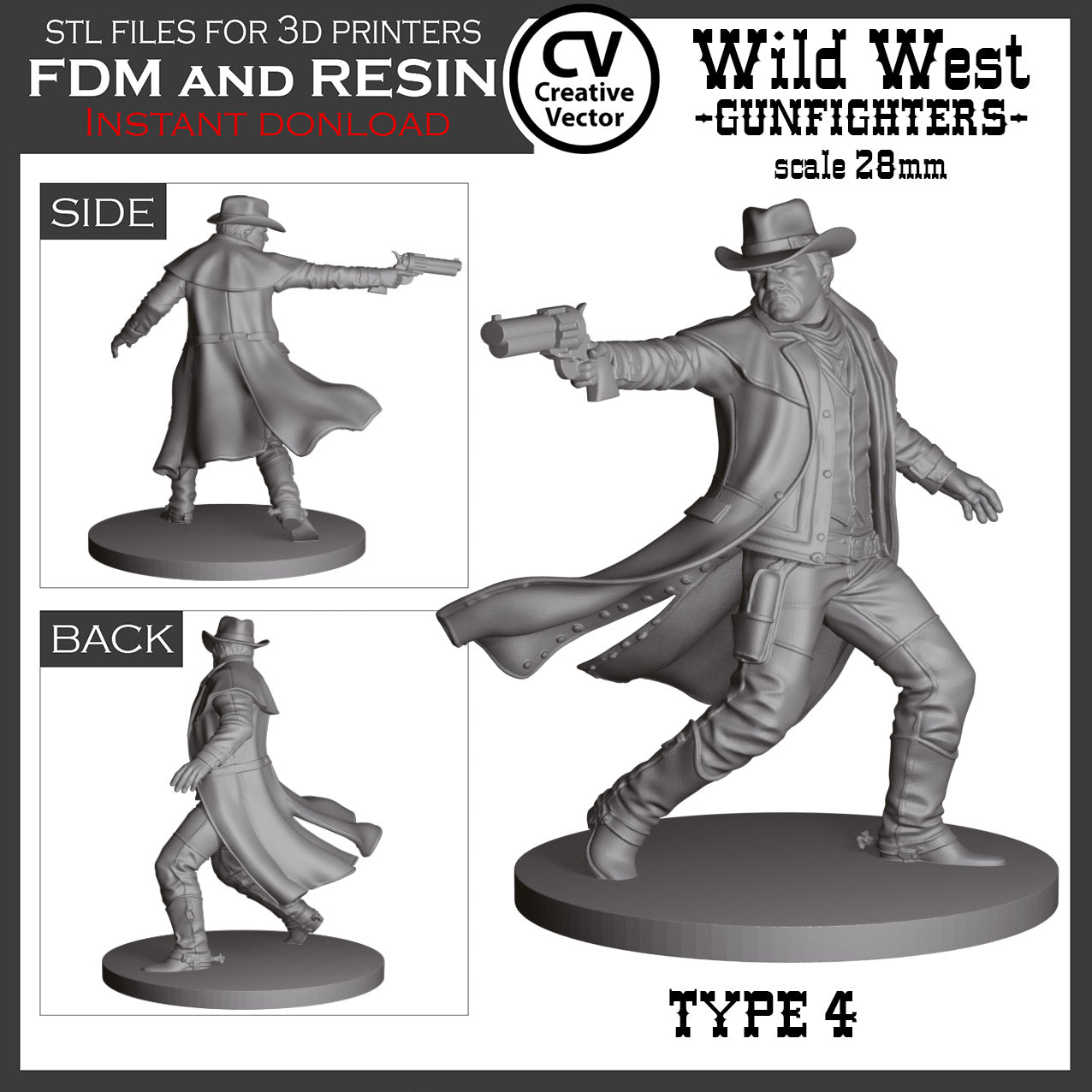 7 STL Files for 3D Printer Wild West GUNFIGHTERS and Sheriff in 28mm