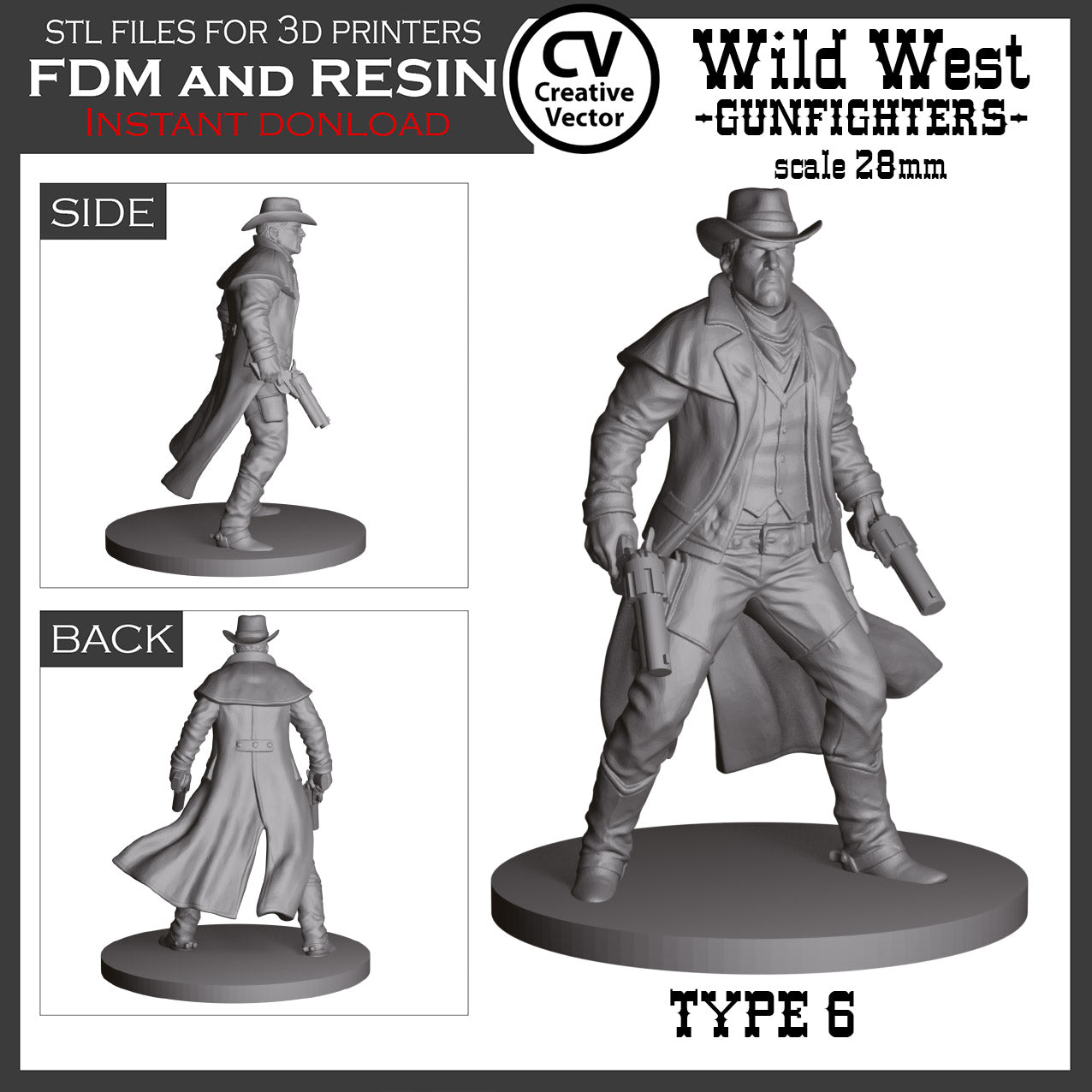 7 STL Files for 3D Printer Wild West GUNFIGHTERS and Sheriff in 28mm