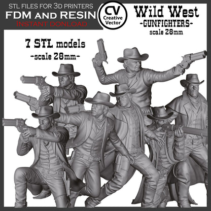 7 STL Files for 3D Printer Wild West GUNFIGHTERS and Sheriff in 28mm