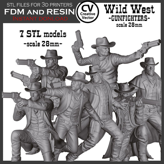 7 STL Files for 3D Printer Wild West GUNFIGHTERS and Sheriff in 28mm