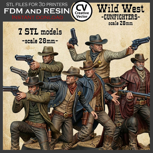 7 STL Files for 3D Printer Wild West GUNFIGHTERS and Sheriff in 28mm
