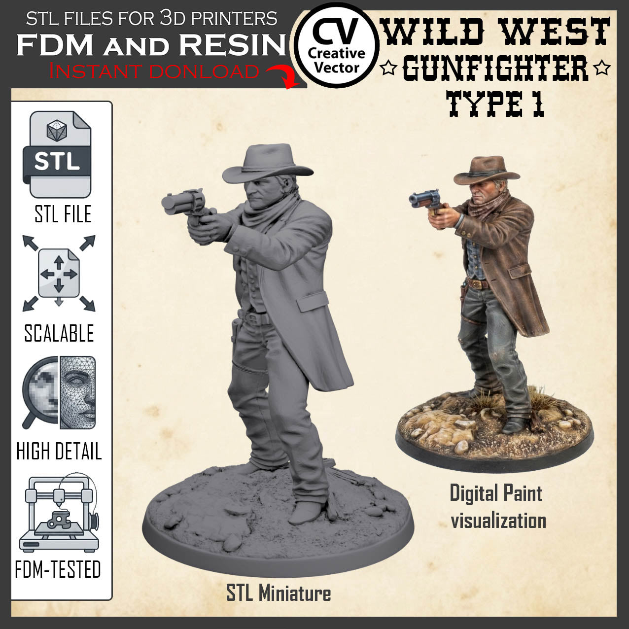 Wild West GUNFIGHTER Type 1 for 3D Print STL file Miniature
