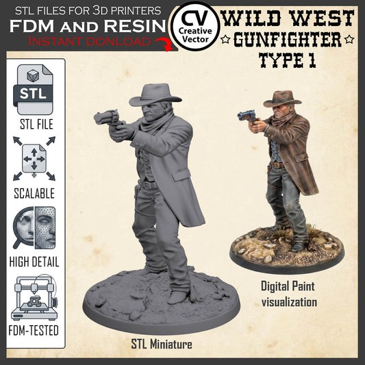 Wild West GUNFIGHTER Type 1 for 3D Print STL file Miniature