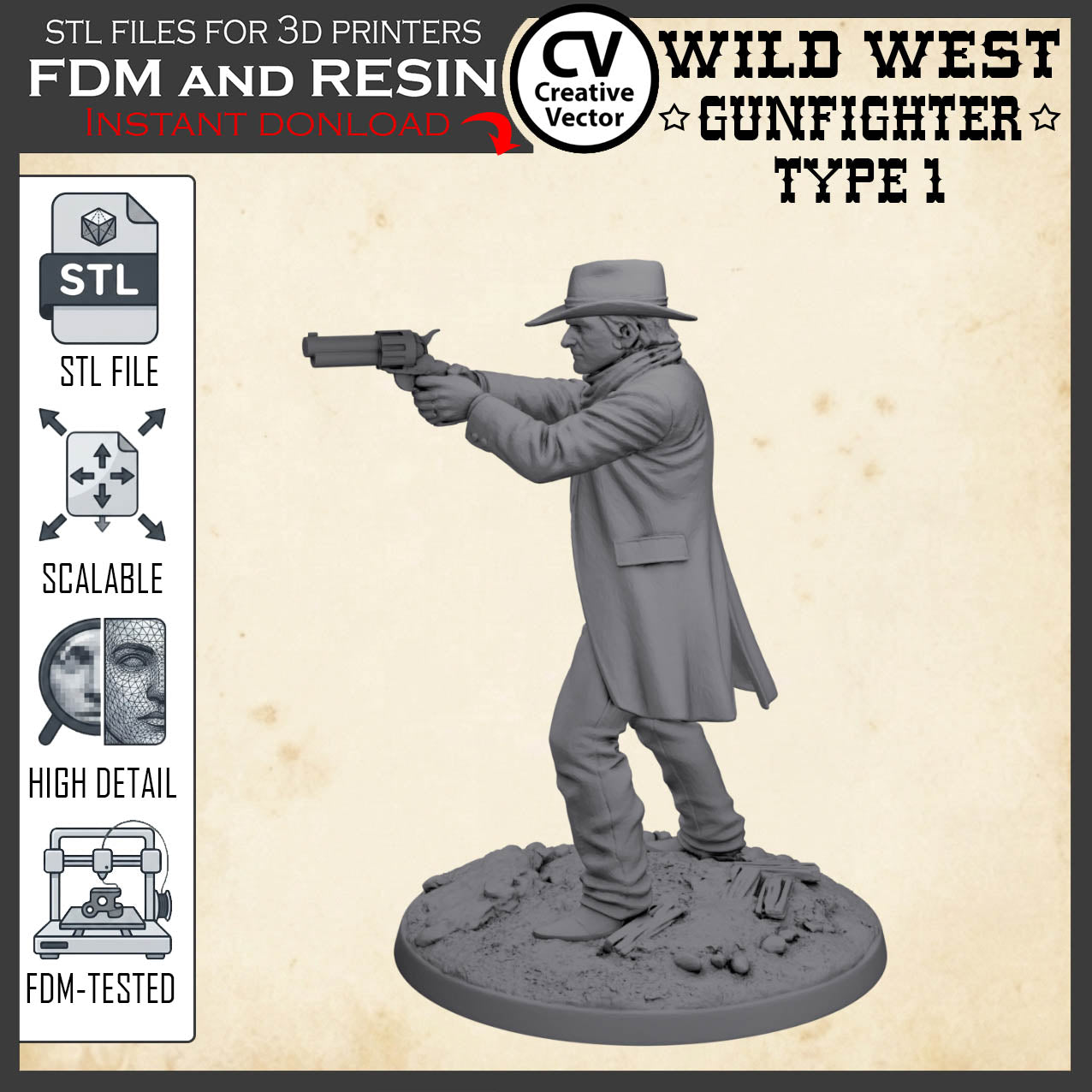 Wild West GUNFIGHTER Type 1 for 3D Print STL file Miniature