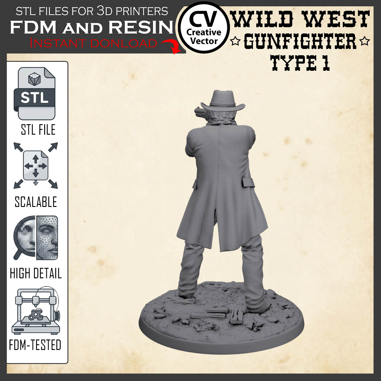Wild West GUNFIGHTER Type 1 for 3D Print STL file Miniature