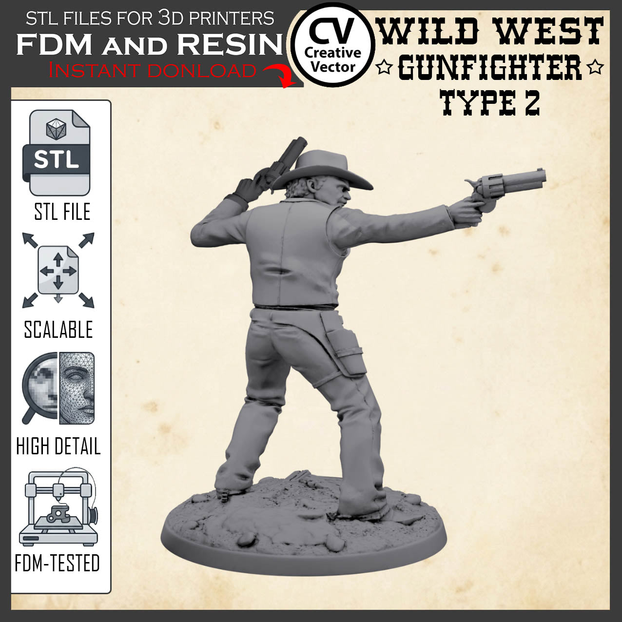 Wild West GUNFIGHTER Type 2 for 3D Print STL file Miniature
