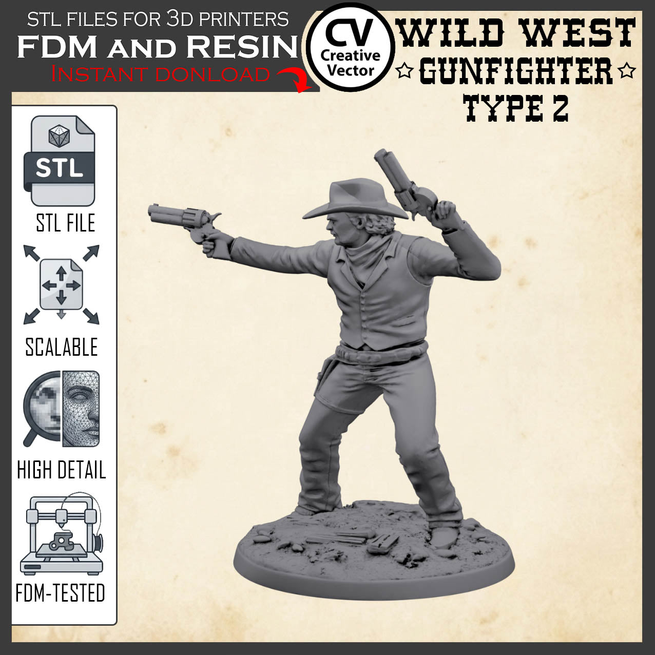 Wild West GUNFIGHTER Type 2 for 3D Print STL file Miniature