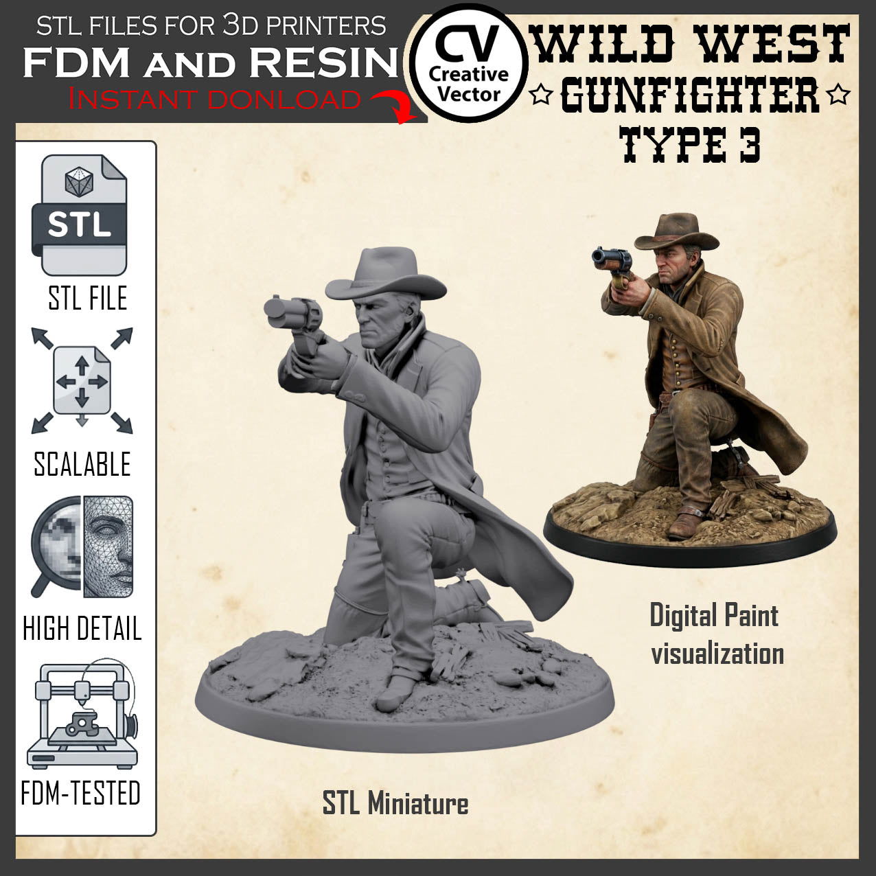 Wild West GUNFIGHTER Type 3 for 3D Print STL file Miniature
