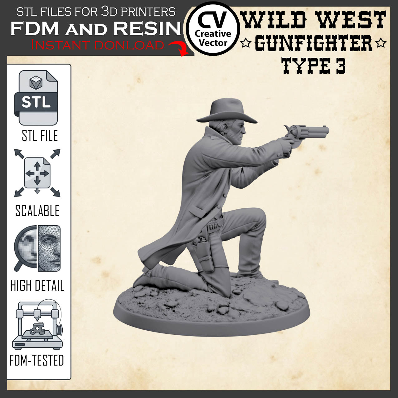 Wild West GUNFIGHTER Type 3 for 3D Print STL file Miniature
