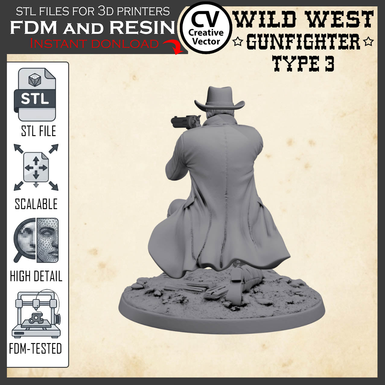 Wild West GUNFIGHTER Type 3 for 3D Print STL file Miniature