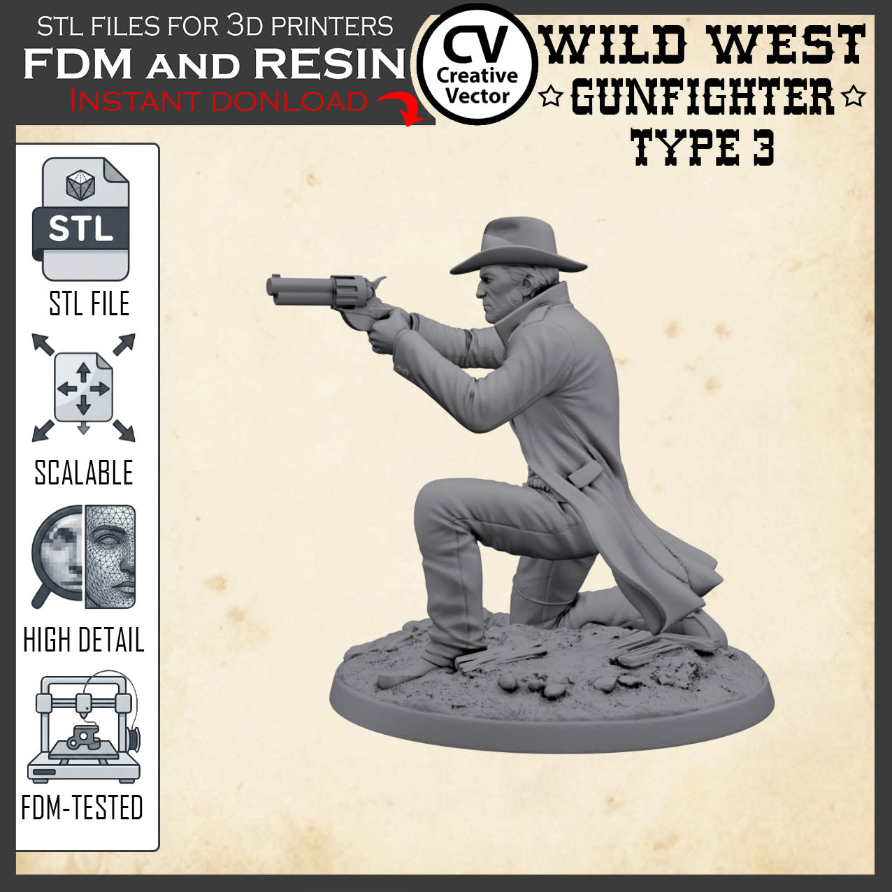 Wild West GUNFIGHTER Type 3 for 3D Print STL file Miniature