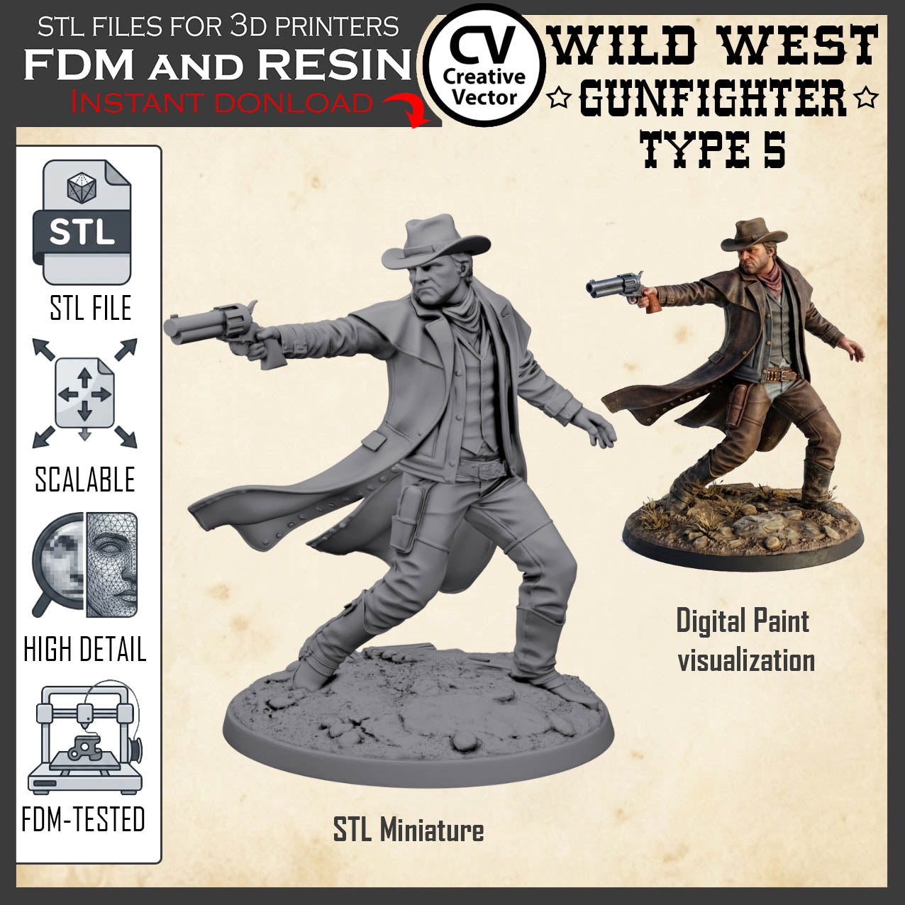 Wild West GUNFIGHTER Type 5 for 3D Print STL file Miniature