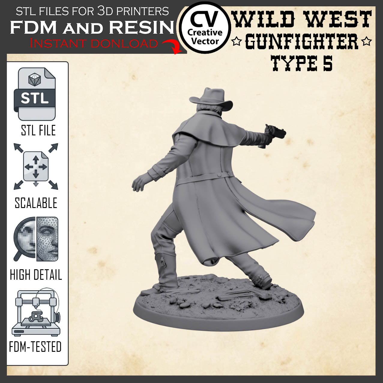 Wild West GUNFIGHTER Type 5 for 3D Print STL file Miniature