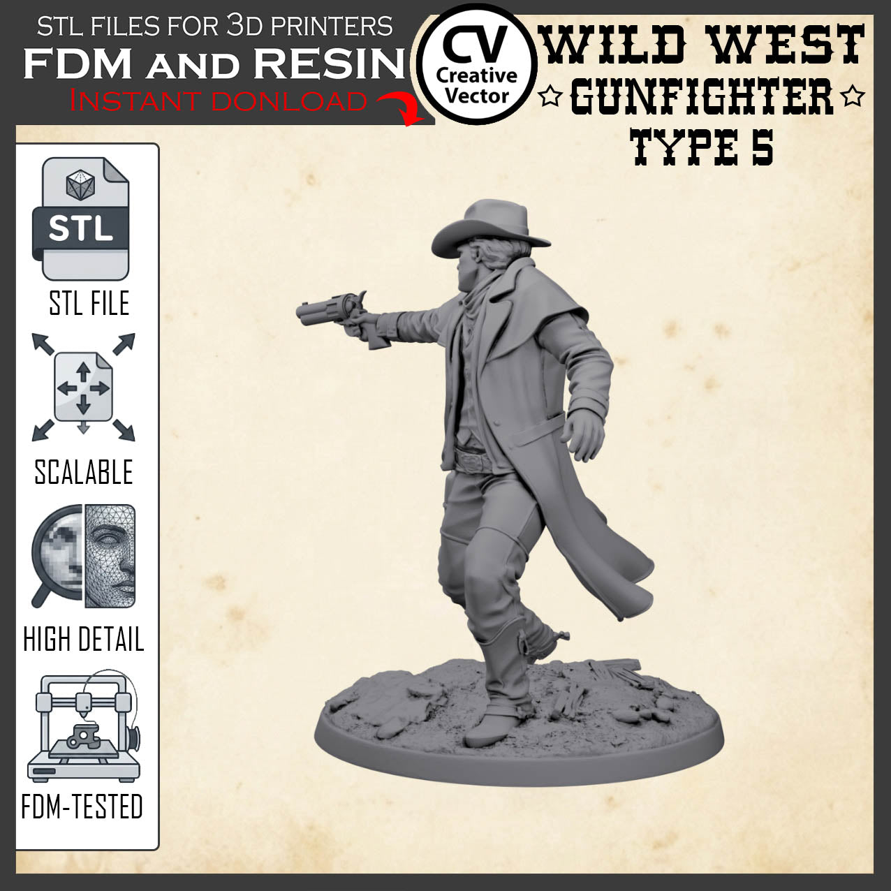 Wild West GUNFIGHTER Type 5 for 3D Print STL file Miniature