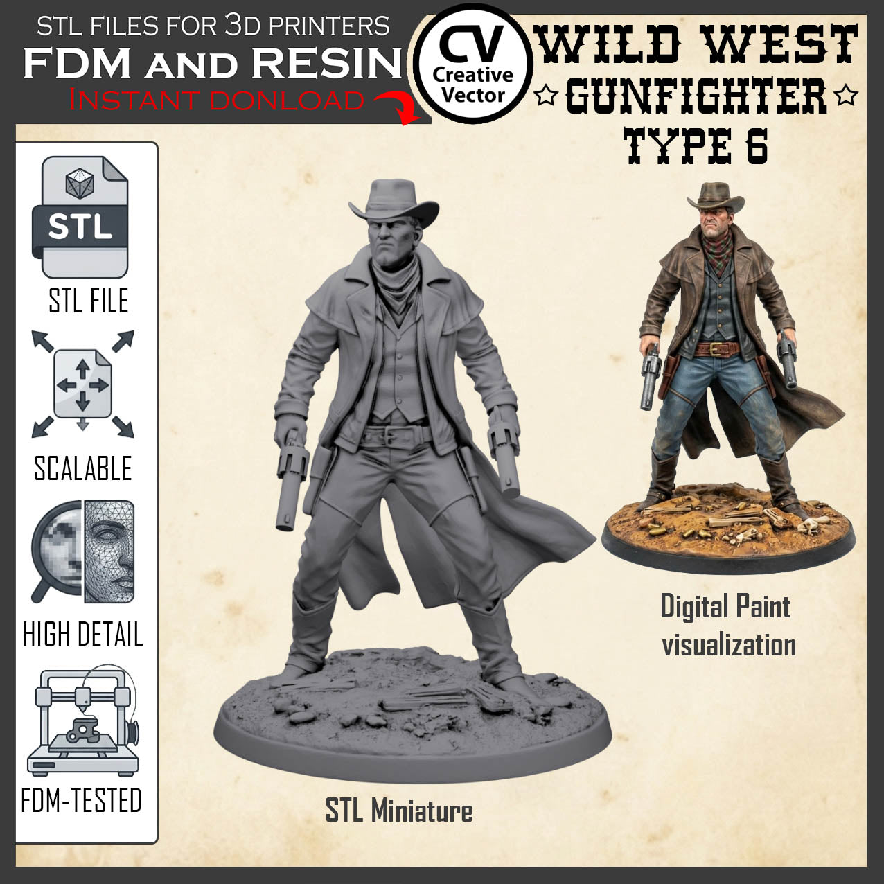 Wild West GUNFIGHTER Type 6 for 3D Print STL file Miniature