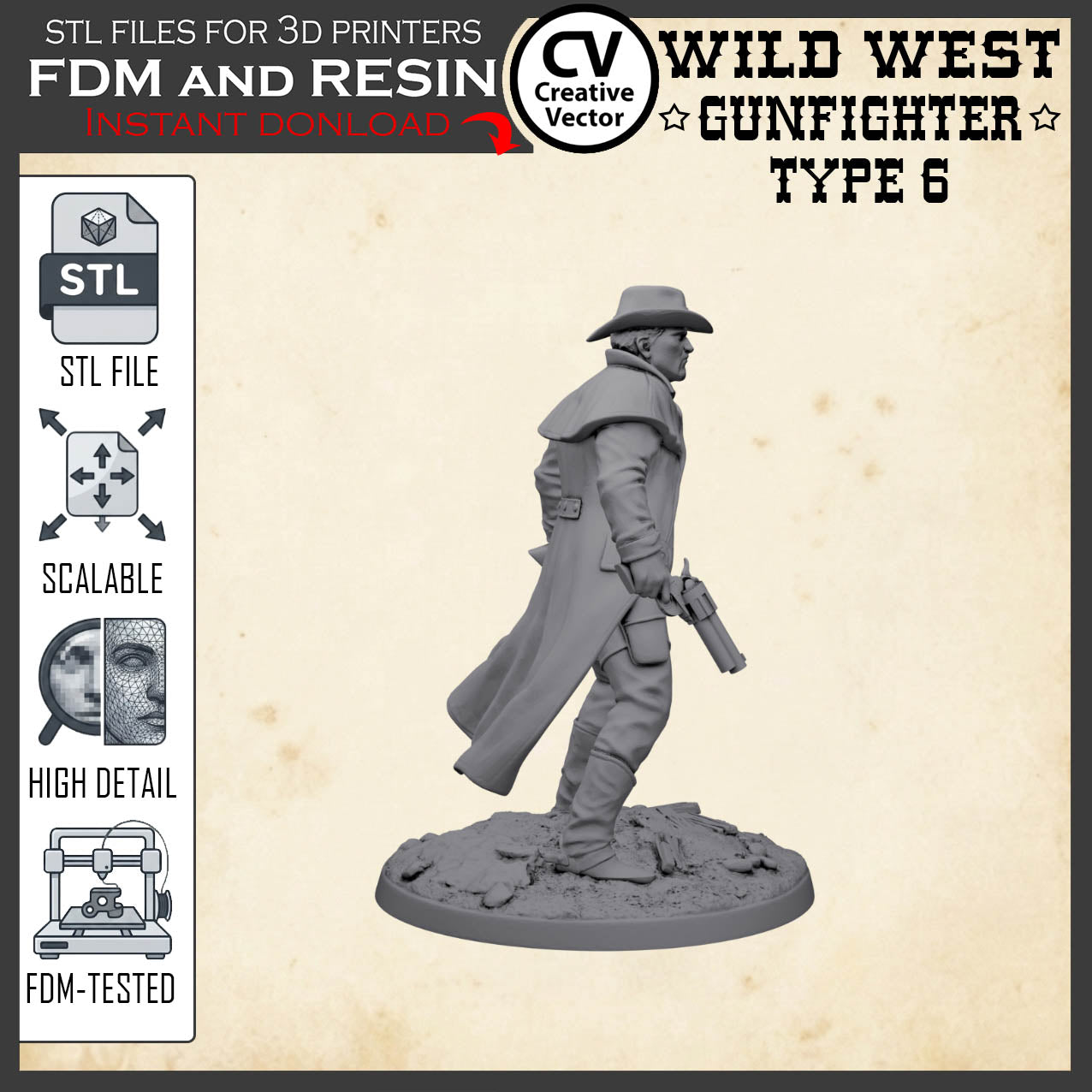 Wild West GUNFIGHTER Type 6 for 3D Print STL file Miniature