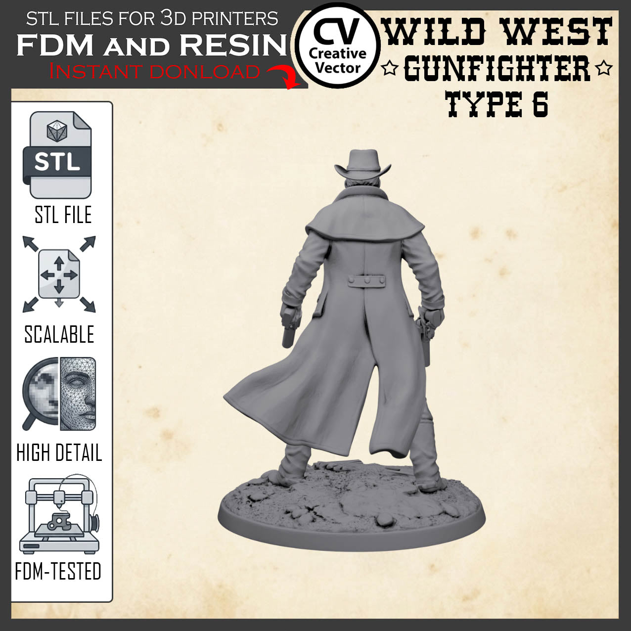 Wild West GUNFIGHTER Type 6 for 3D Print STL file Miniature