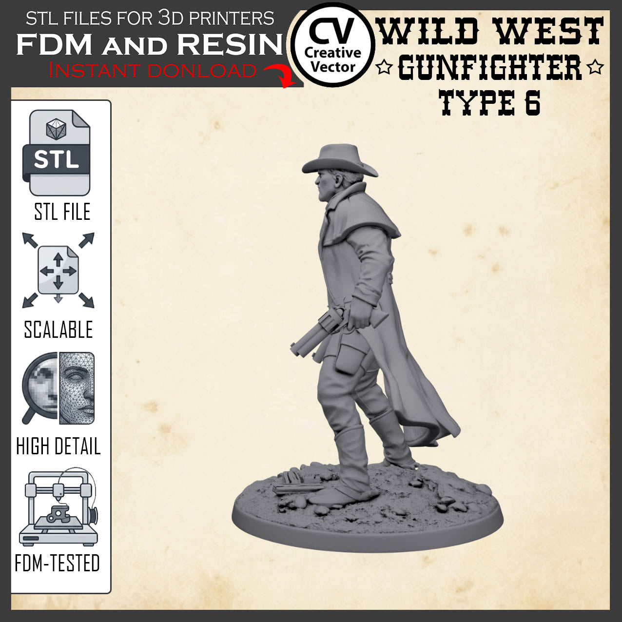 Wild West GUNFIGHTER Type 6 for 3D Print STL file Miniature