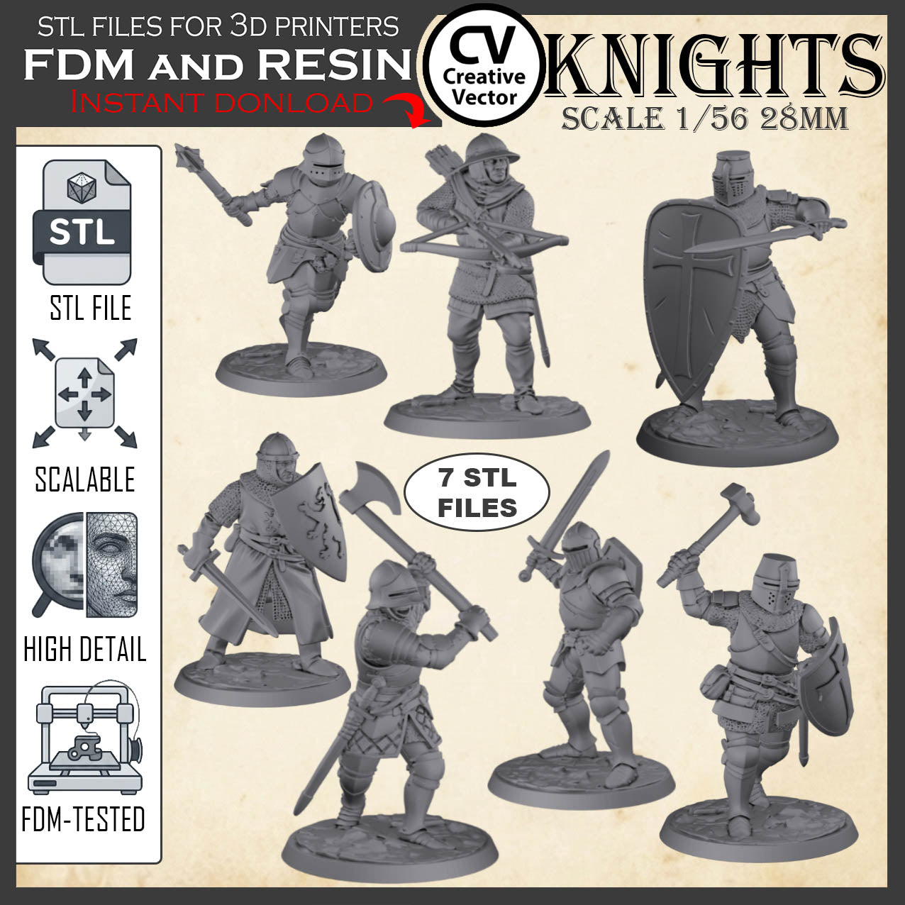 7 STL files Bundle KNIGHTS ready for 3D Print Miniatures