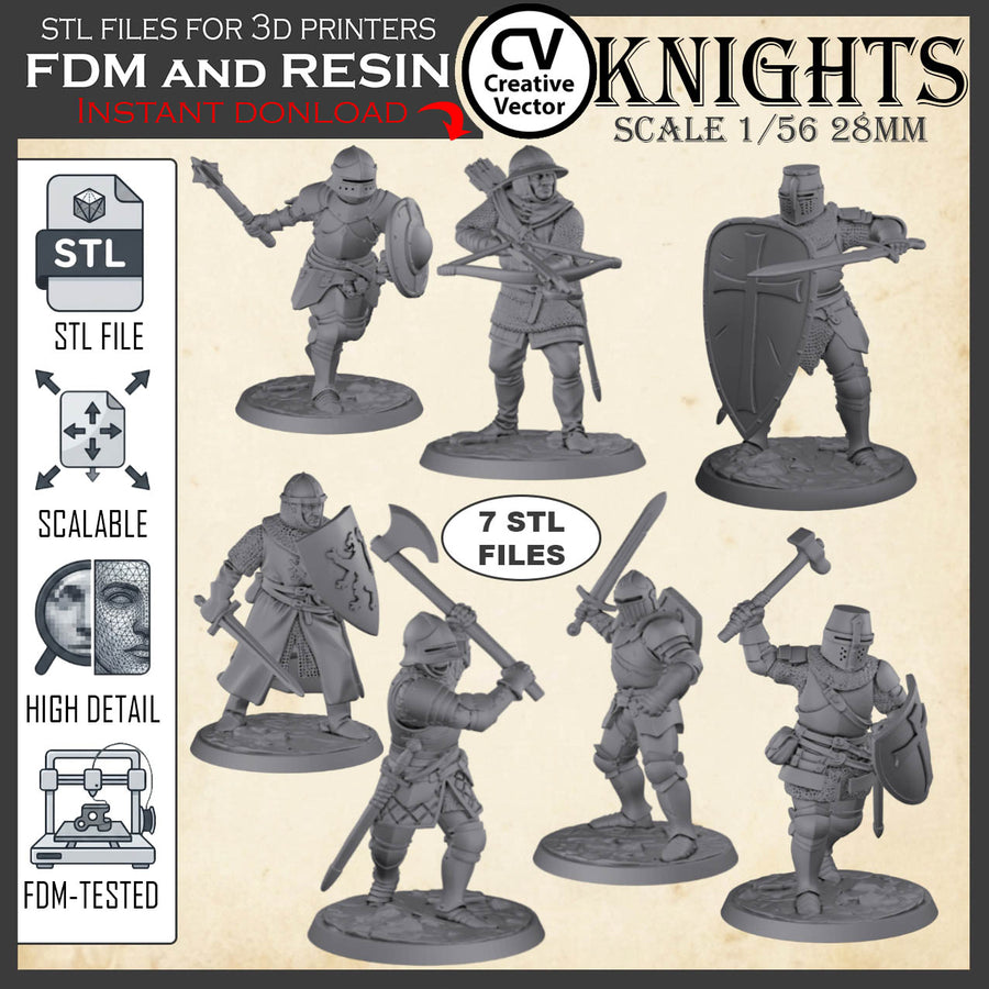 7 STL files Bundle KNIGHTS ready for 3D Print Miniatures
