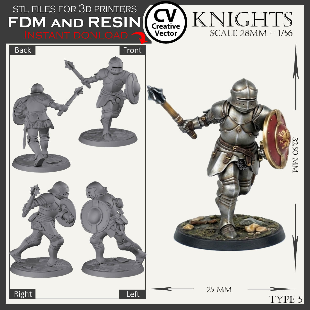 7 STL Files for 3D Printer KNIGHTS SET in scale 28mm 1/56