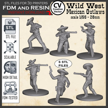 6 STL files Bundle MEXICAN OUTLAWS Wikd West for 3D Print Miniatures Gunfighters