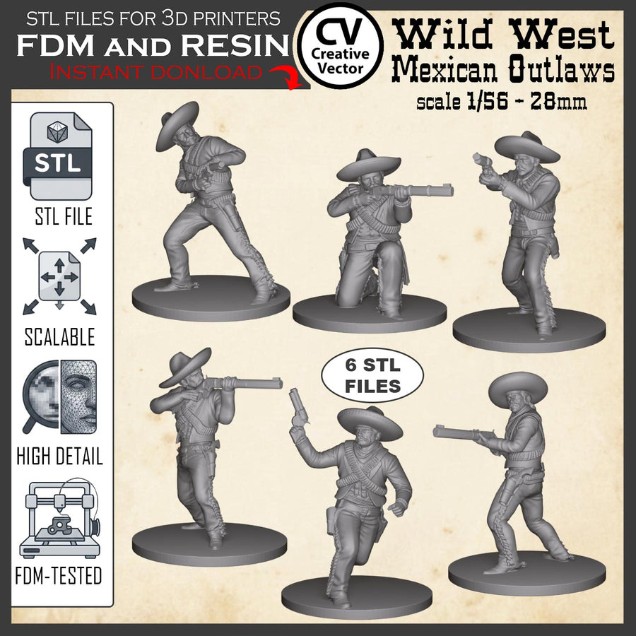 6 STL files Bundle MEXICAN OUTLAWS Wikd West for 3D Print Miniatures Gunfighters