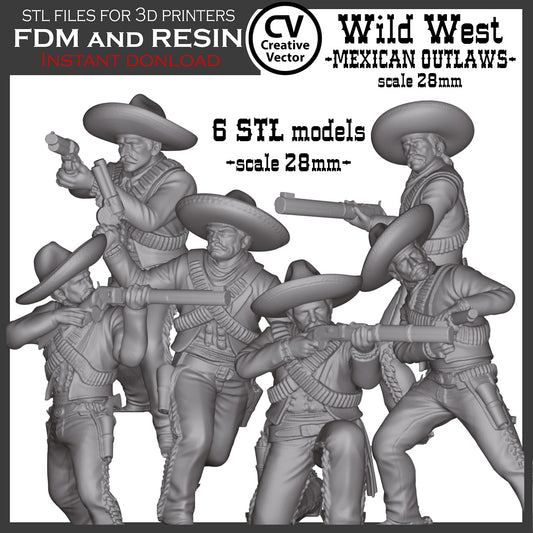 6 STL Files for 3D Printer Wild West MEXICAN OUTLAWS SET in scale 28mm